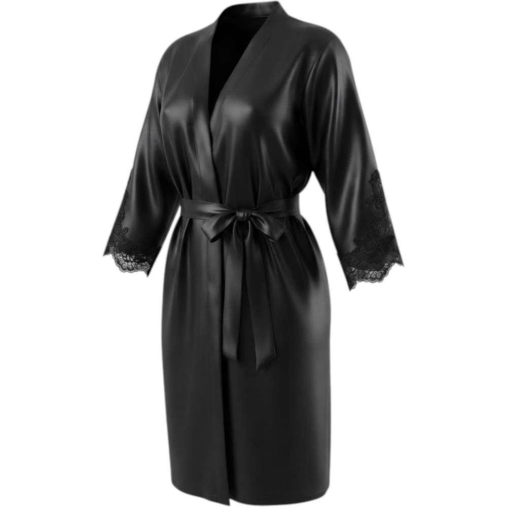 Black Satin Lace Trim Long Robe Womens 3X Kimono Style Loungewear Nightgown